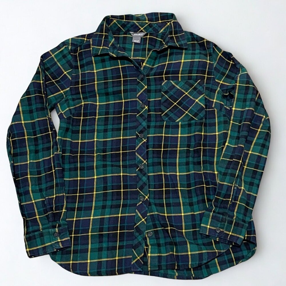Eddie Bauer Plaid Flannel Button Down Shirt Green Blue Size S